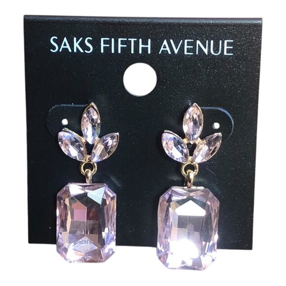Saks Fifth Avenue NWT Leaf Crystal Rectangle Soft Petal Pink Dangle Earrings - Picture 2 of 11